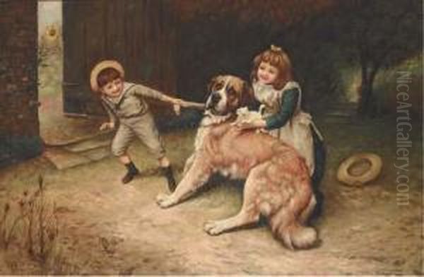 A Reluctant Playmate; And A New Friend Oil Painting by Arthur John Elsley