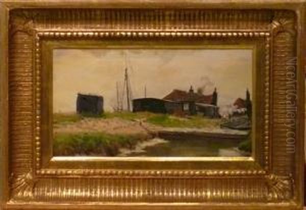 Kustmotiv Med Hus I Forgrunden. Oil Painting by Frank Lewis Emanuel