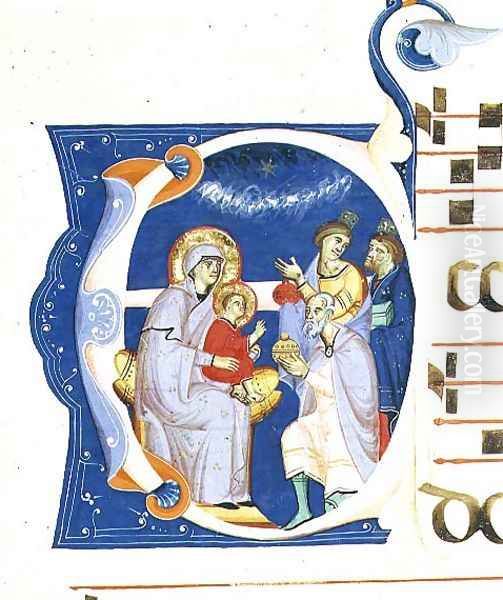 Historiated initial 'O' depicting the Adoration of the Magi, from a gradual from the Monastery of San Jacopo di Ripoli Oil Painting by (Cenni Di Peppi) Cimabue