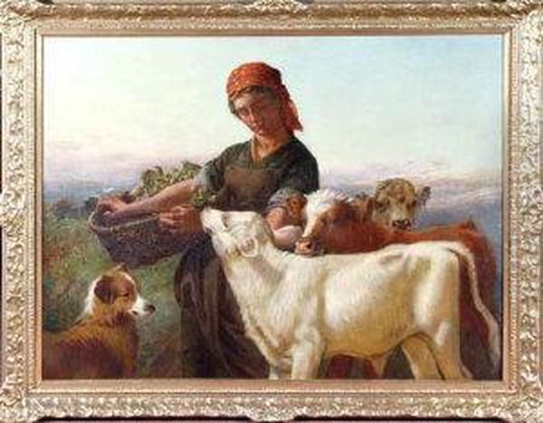 A Farm Girl With Three Calves And A Dog Oil Painting by Henry Hetherington Emmerson