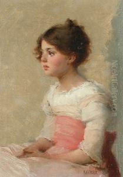 Portrait Of A Beautiful Young Girl Seated, Wearing A White Dress With A Red Sash. Oil Painting by Alfred Edward Emslie