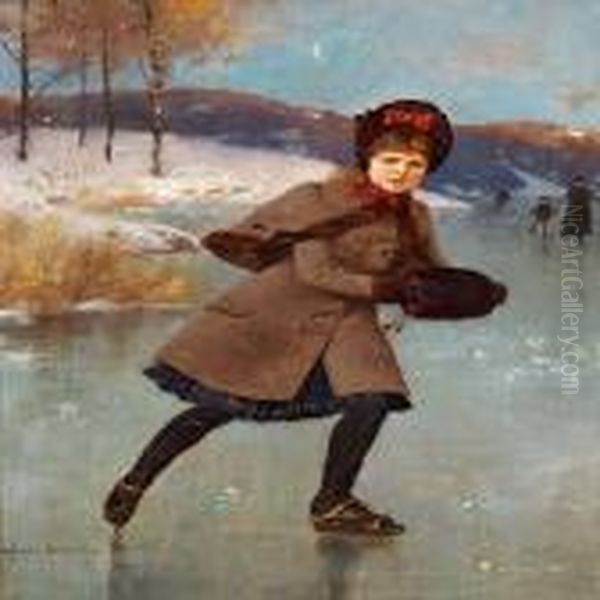 Young Girl Skating On Afrozen Lake Oil Painting by Axel Ender