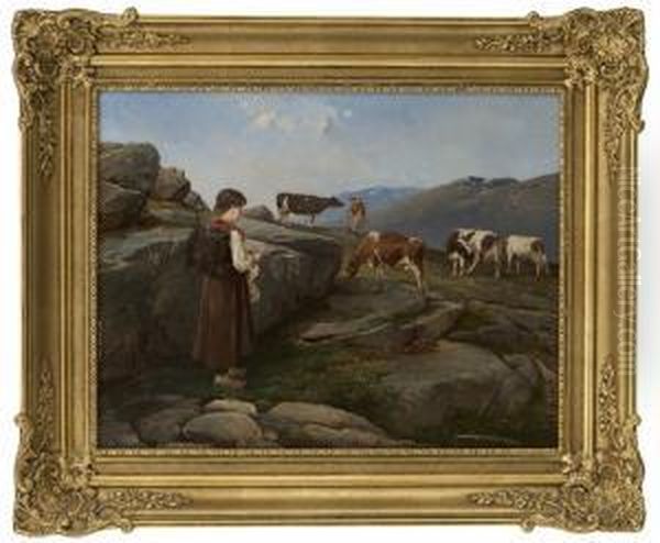 Knitting Milkmaid With Cows On Summerpasture Oil Painting by Axel Ender