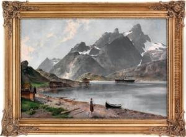 Kvinne I Fjordlandskap Med Dampbat Oil Painting by Axel Ender