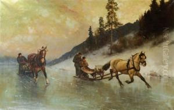 Sledekjoring Pa Isen Oil Painting by Axel Ender