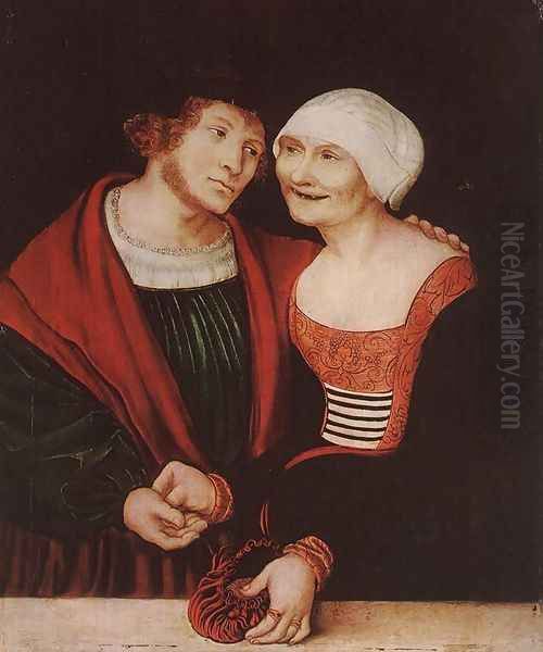 Amorous Old Woman and Young Man 1520-22 Oil Painting by Lucas The Elder Cranach