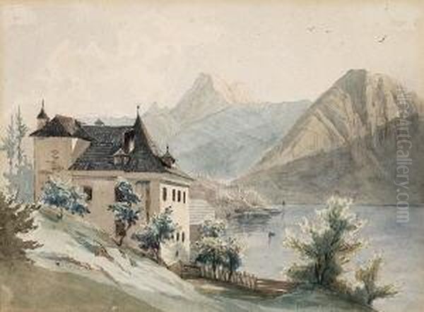 Schloss Grub Am
 Hallstatter-see. Oil Painting by Thomas Ender