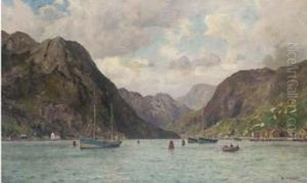 Fishing Boats Lying On Their Moorings In A Norwegian Fjord Oil Painting by Henry Enfield