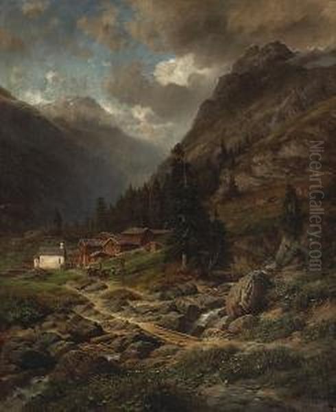 An Alpine Landscape With Figures Outside A Village Oil Painting by Georg Engelhardt