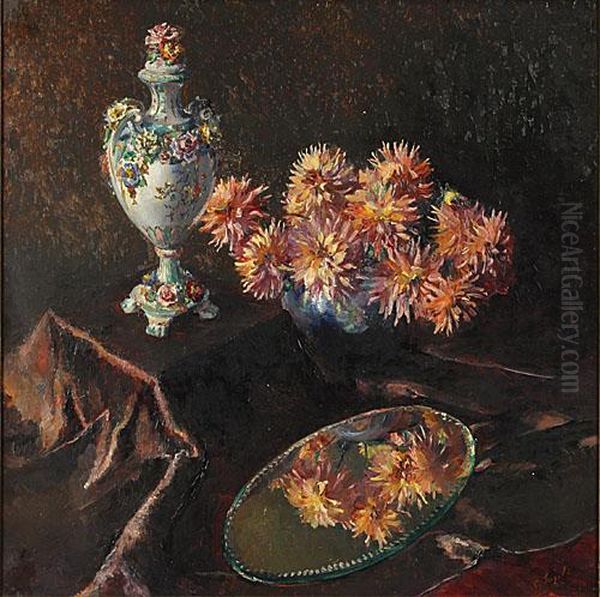 Nature Morte Aux Fleurs Et Miroir Oil Painting by Leo Engels