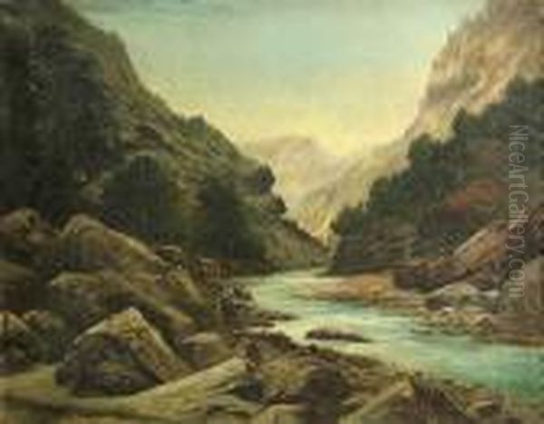 A River In A Mountainous Landscape Oil Painting by John Joseph Englehardt