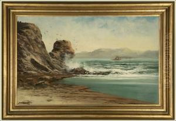 Crashing Waves And Birds Flying In A Coastal Landscape Oil Painting by John Joseph Englehardt