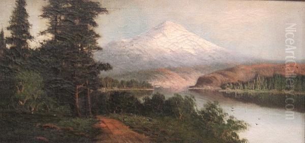 A River Landscape With A Snow-capped Peak Beyond Oil Painting by John Joseph Englehardt