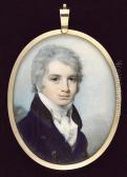 A Gentleman, Wearing Blue Coat 
With Black Collar, Cream Waistcoat And Tied White Stock, His Hair 
Powdered Oil Painting by George Engleheart