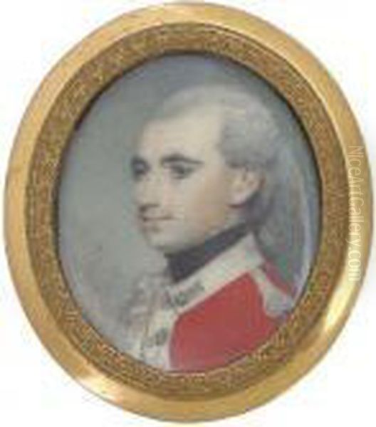 A Young Officer, Possibly 
Cavalry, In Scarlet Coat With Whitefacings, Silver Wing, His Powdered 
Hair En Queue Oil Painting by George Engleheart