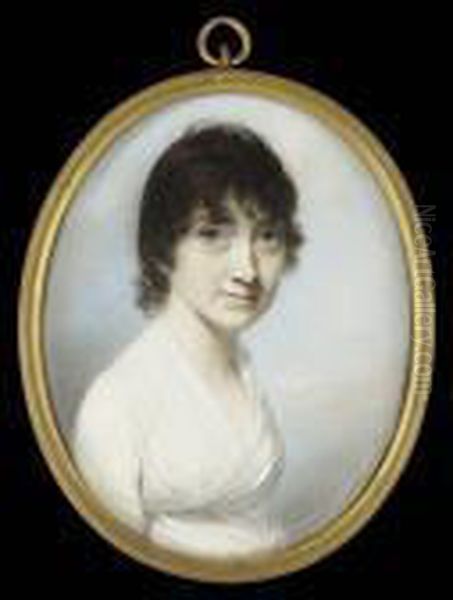 Miss Canning, Wearing White Dress With Cross-over Bodice Oil Painting by George Engleheart