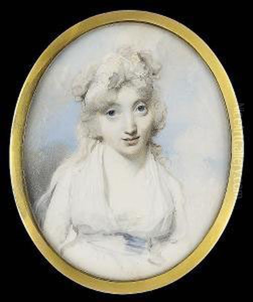 A Lady, Wearing Decollete White 
Dress And Open Fichu Tucked Into A Pale Blue Waistband, A Yellow-edged 
Frilled White Bandeau In Her Hair And Long Ribbon Trailing Over Her 
Right Shoulder Oil Painting by George Engleheart