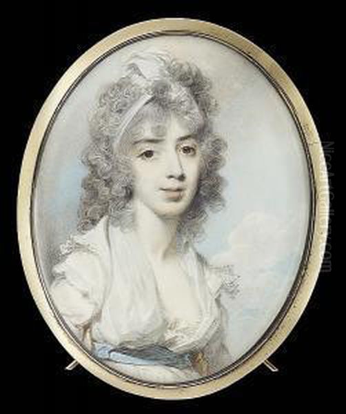 Mrs Samuel Stephens, Seated 
Wearing White Dress With Open Fichu, Frilled Shoulder Caps And Pale Blue
 Waistband, A White Open Turban In Her Long Curled Powdered Hair Oil Painting by George Engleheart