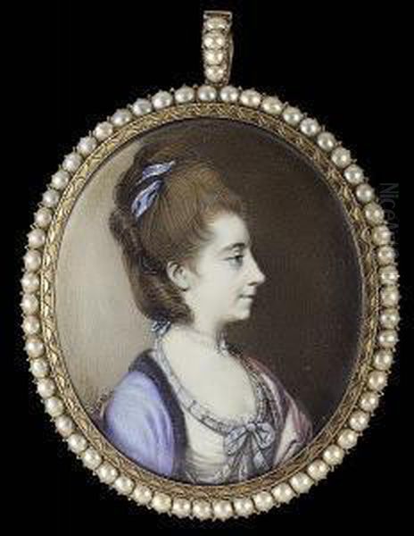 A Lady, In Profile To The Right,
 Wearing White Dress With Striped Pale Blue Ribbon Trim Tied In A Bow At
 Her Corsage, Blue Robe Trimmed With Black Fur, Pink Shawl Over Her Left
 Shoulder, Double Strand Pearl Necklace Tied With White Edged Blue 
Ribb Oil Painting by George Engleheart