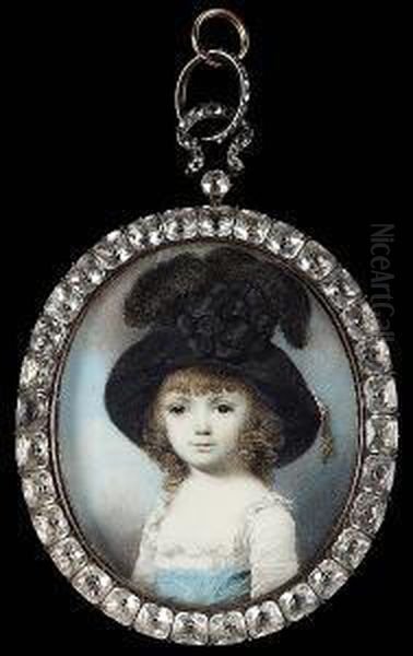 A Child, Wearing Low-cut White 
Dress With Frilled Trim And Wide Pale Blue Sash. Large Black Hat Adorned
 With Satin Rosette, Ostrich Feathers And Gold Tassle Oil Painting by George Engleheart