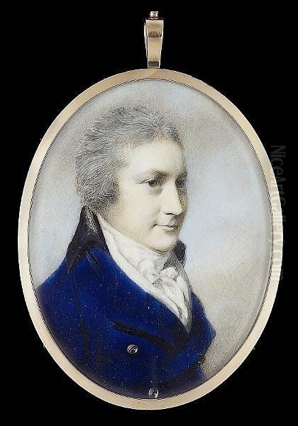 A Gentleman, Three-quarter 
Profile To The Right, Wearing Blue Coat With Black Velvet Collar, White 
Waistcoat And Tied Cravat, His Hair Powdered And Worn Short Oil Painting by George Engleheart