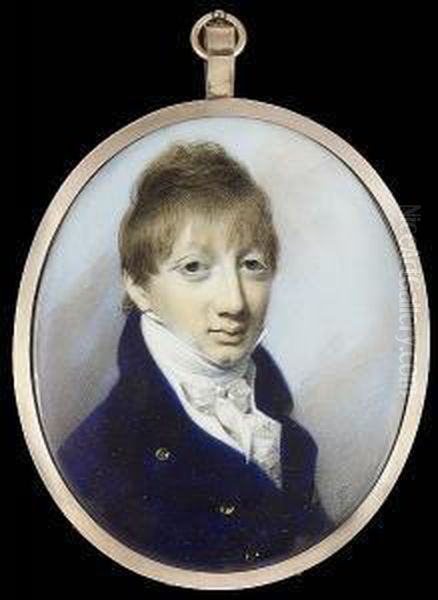 A Young Gentleman, Wearing Dark 
Blue Coat, White Waistcoat, Tied Stock And Frilled Cravat Oil Painting by George Engleheart