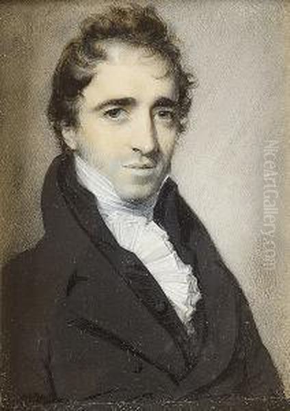 A Gentleman, Wearing Black Coat, Matching Waistcoat, White Stock And Frilled Cravat Oil Painting by George Engleheart