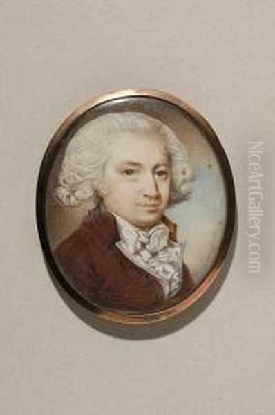 A Miniature Portrait Of A 
Gentleman Wearing A Brown Coat And White Cravat, Having Powdered Hair Oil Painting by George Engleheart