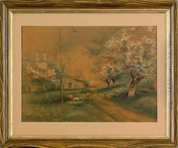 Spring Landscape With Sheep And Farm Oil Painting by Frank F. English