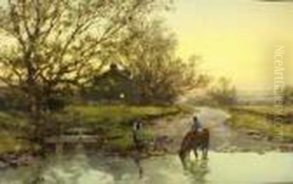 Horse Watering At Sunset Oil Painting by Frank F. English