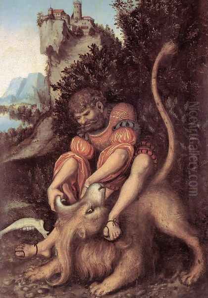 Samson's Fight with the Lion Oil Painting by Lucas The Elder Cranach