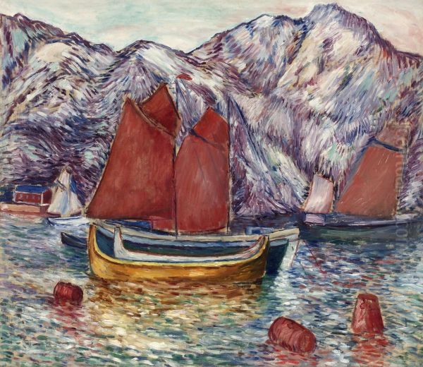 Fjord Landscape With Sailingboats Oil Painting by Leander Engstrom