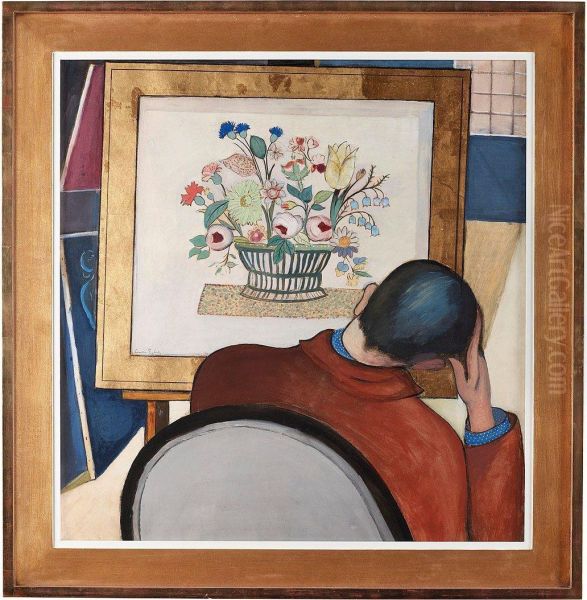 Self-portrait By Flower Still Life Oil Painting by Leander Engstrom