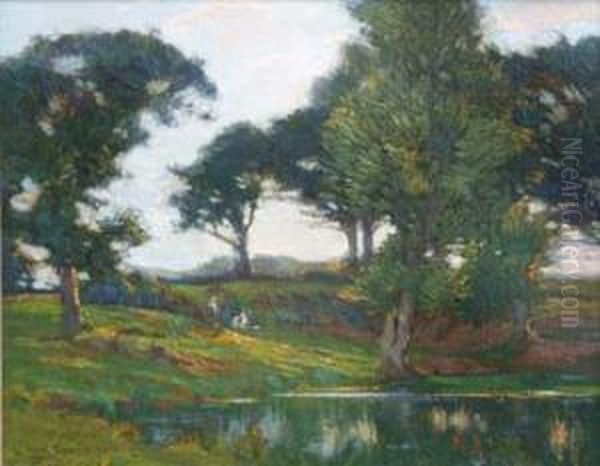 Figures By A Lake Oil Painting by Augustus William Enness