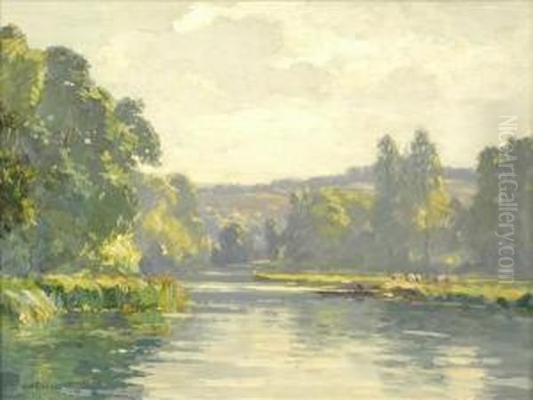 River Landscape With Cattle Oil Painting by Augustus William Enness