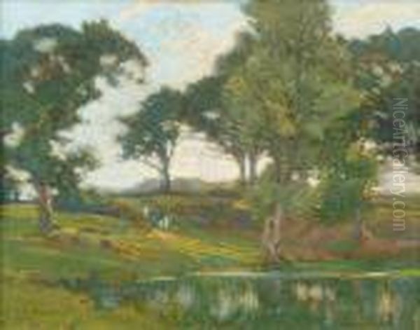 Ennes Figures Bya Pond Oil Painting by Augustus William Enness