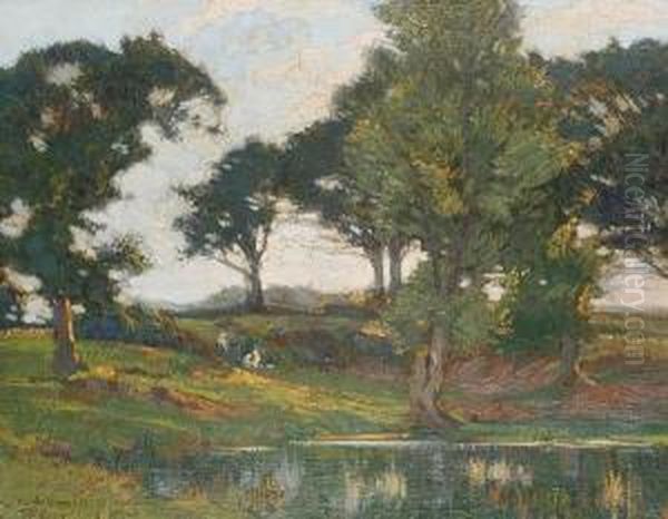 Figures By A Pond Oil Painting by Augustus William Enness