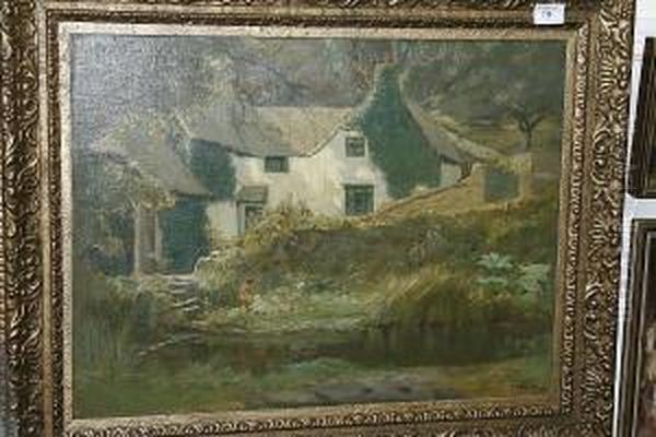 View Of A Cottage And Pond Oil Painting by Augustus William Enness