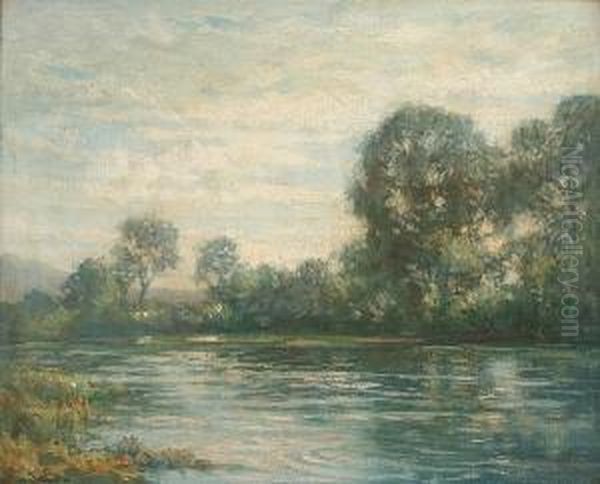 A Wooded River Landscape Oil Painting by Augustus William Enness