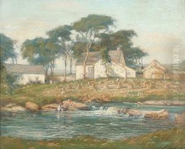 Children Playing On Stepping Stones, Trawsfynydd Oil Painting by Augustus William Enness