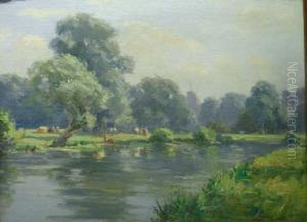 Pastoral River Scene Oil Painting by Augustus William Enness