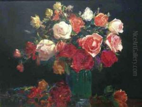 Still Life Roses In A Bowl Oil Oil Painting by Augustus William Enness