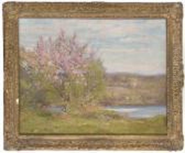 Trees In Blossom On A River Bank Oil Painting by Augustus William Enness