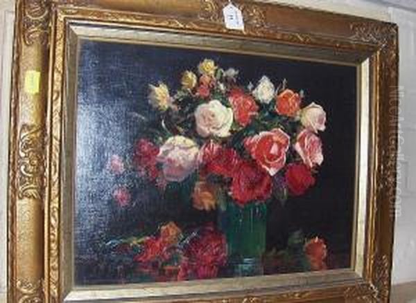 Still Life Of Roses In A Green Vase Oil Painting by Augustus William Enness