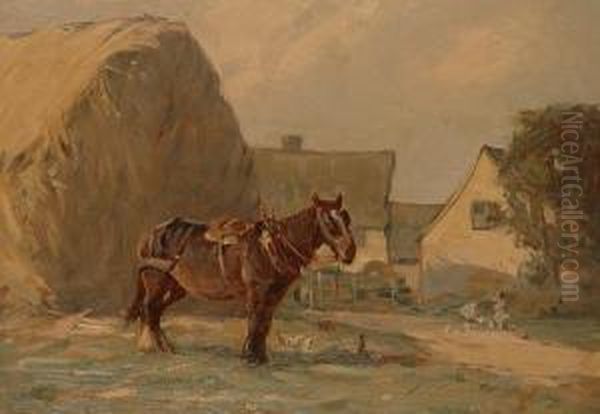 A Shire Horse By A Haystack. Oil Painting by Augustus William Enness