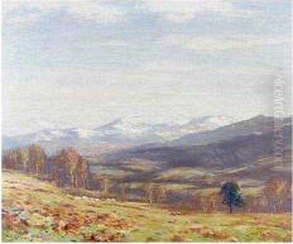 Extensive Country Landscape With Sheep And Hills Oil Painting by Augustus William Enness