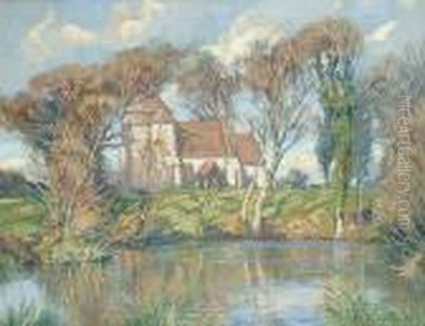 Sussex Church In An Autumnal Landscape Oil Painting by Augustus William Enness