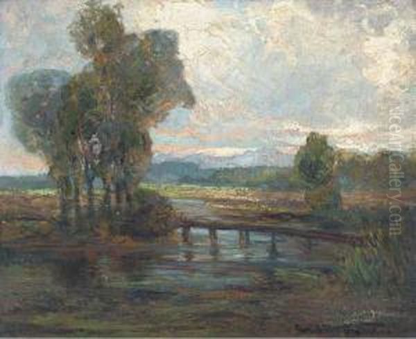 The River Crossing, Sunset Oil Painting by Augustus William Enness