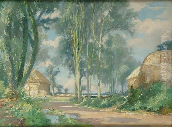 Road Lined With Poplars Oil Painting by Augustus William Enness