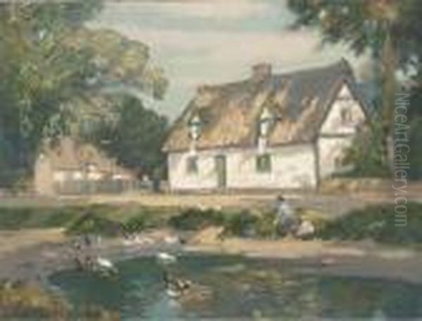 The Village Duck Pond Oil Painting by Augustus William Enness